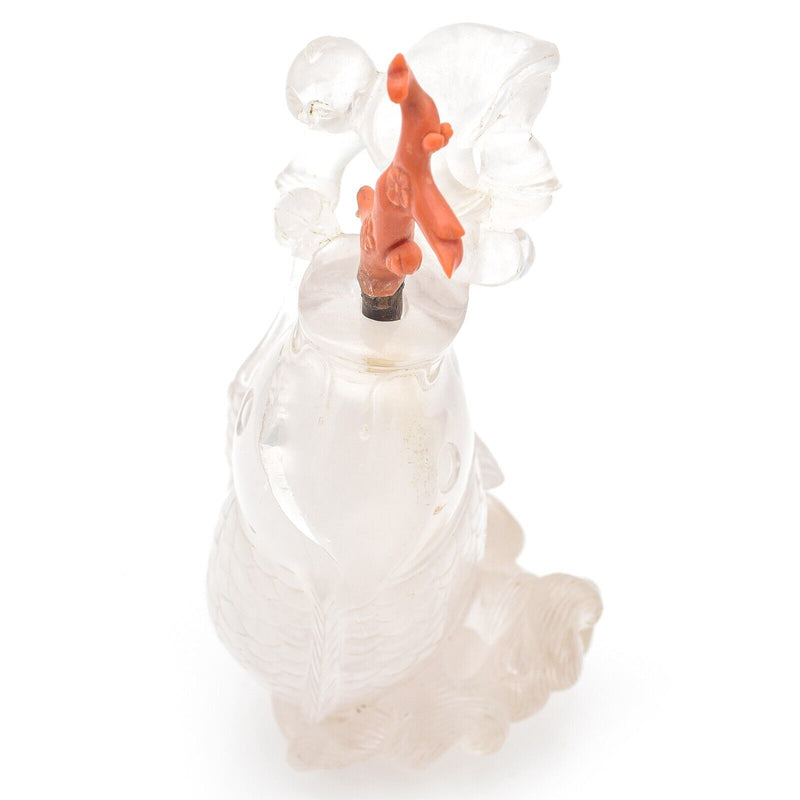 Antique Chinese Clear Quartz & Red Coral Carved Koi Fish Snuff Bottle 282.6 Gr