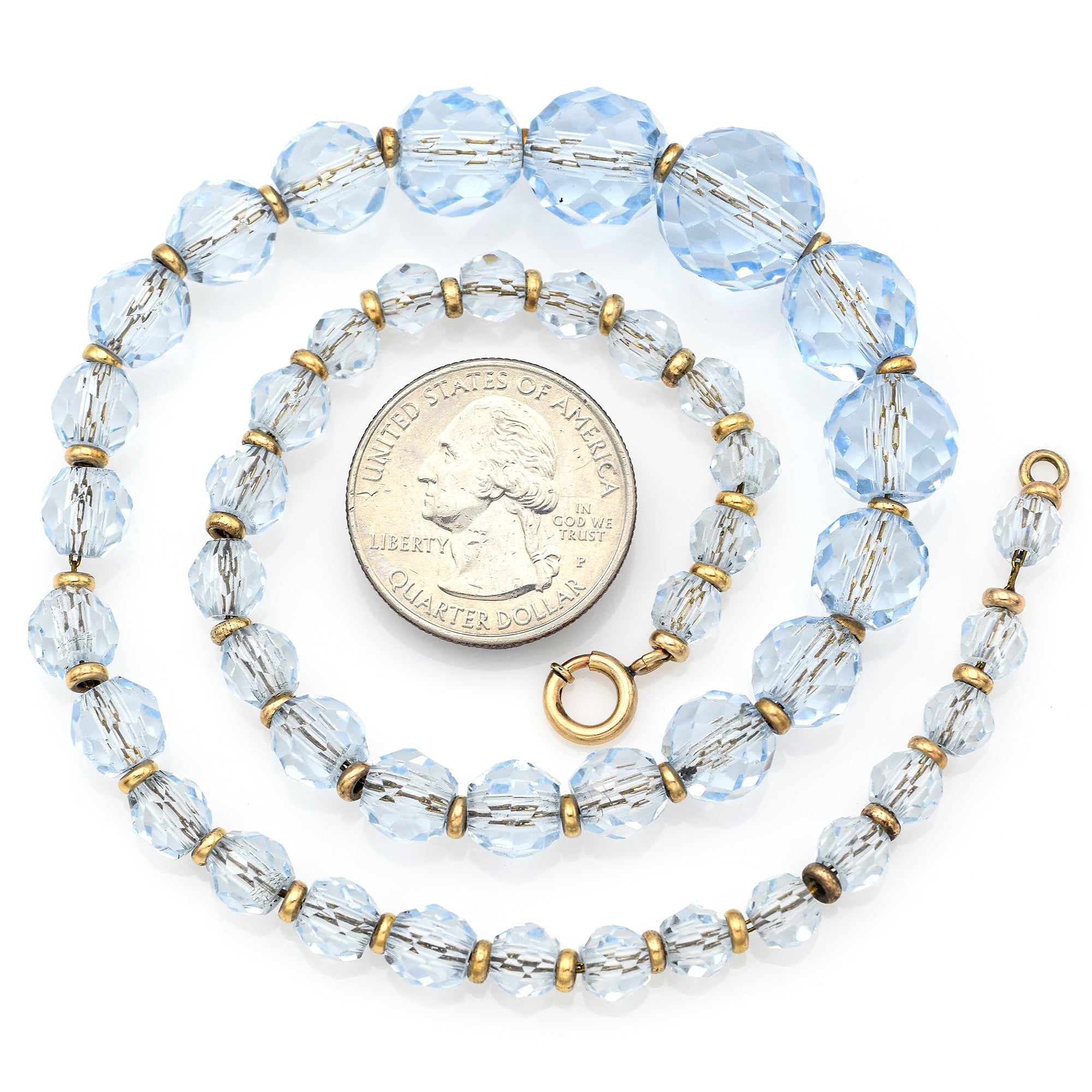 Antique 14K Yellow Gold Blue Crystal Faceted Beaded Strand Necklace