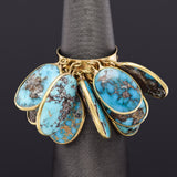 Antique 14K Gold Genuine Persian Turquoise Dangle Multi-Charm Band Ring 13.8Gr