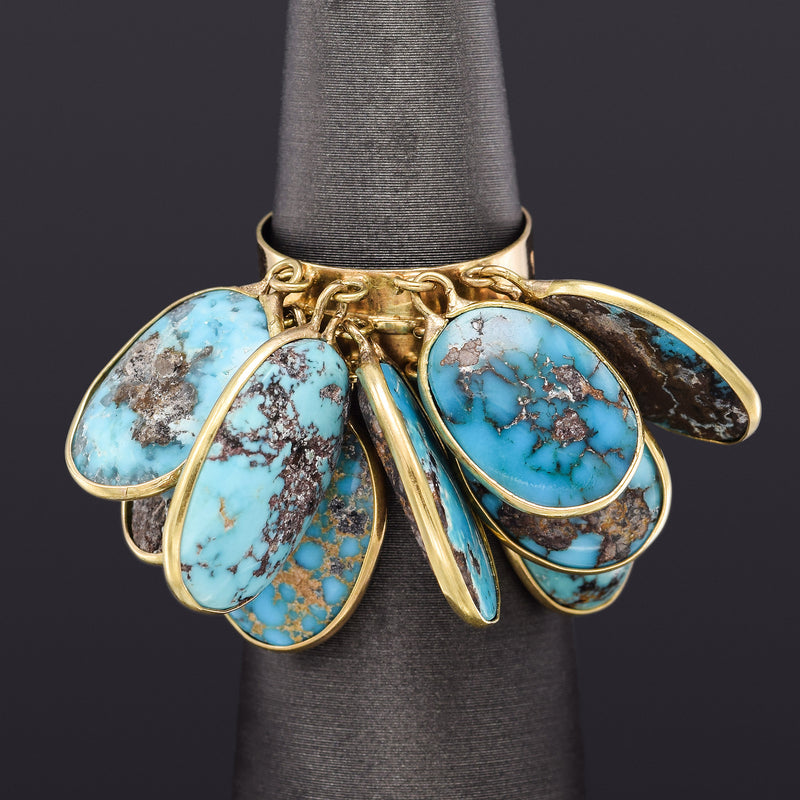 Antique 14K Gold Genuine Persian Turquoise Dangle Multi-Charm Band Ring 13.8Gr