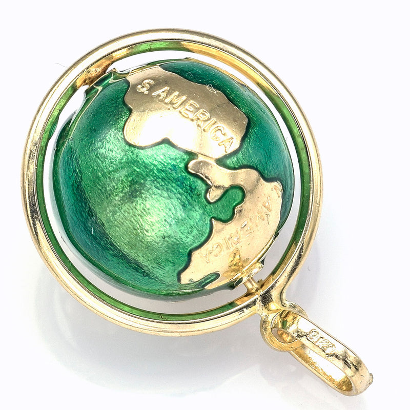Vintage 9K Yellow Gold Green Enamel Spinning Globe World Charm Pendant 5.5G