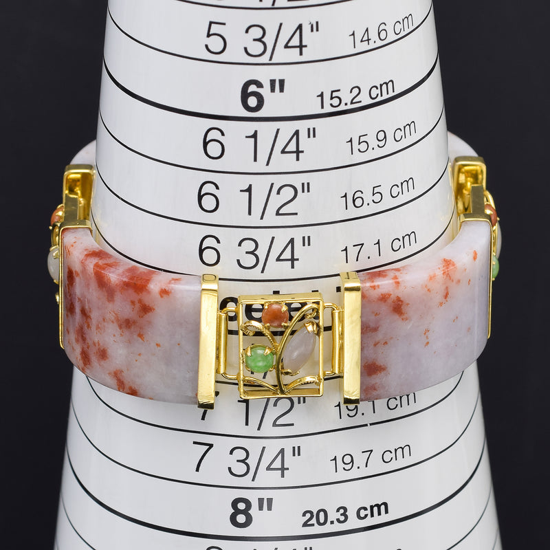 Vintage 14K Yellow Gold Lavender & Red Jade Wide Link Bracelet