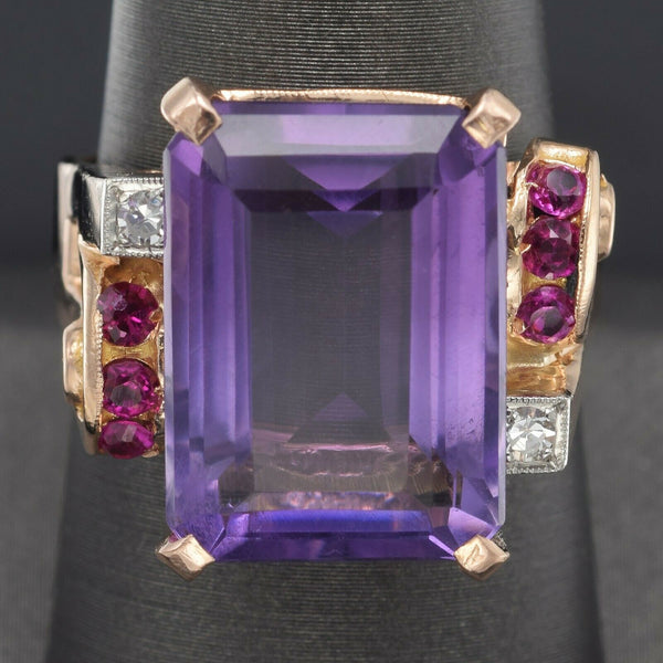 Antique 14K Gold 12.31 Ct Amethyst, Ruby & Diamond Cocktail Ring