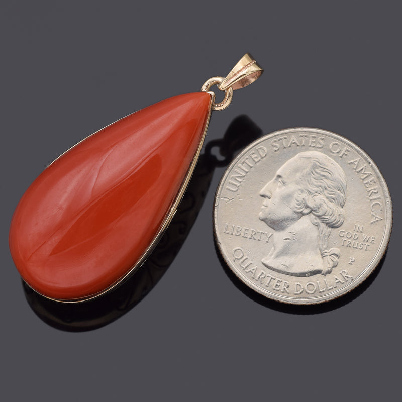 Vintage 14K Yellow Gold Red Coral Pear Pendant