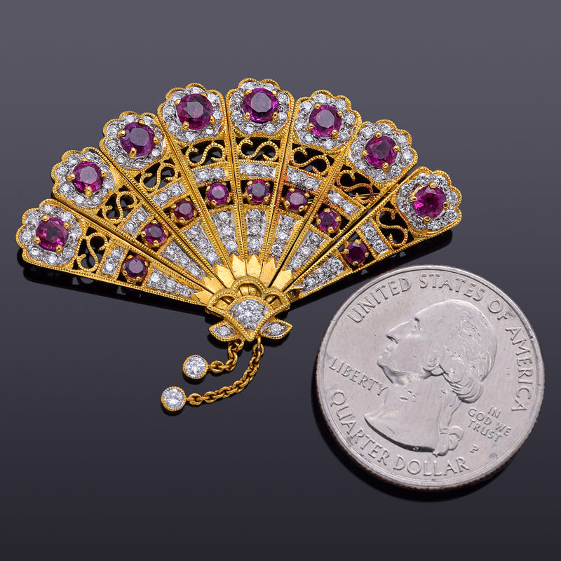 Vintage 18K Yellow Gold 4.00 TCW Burmese Ruby & 1.32 TCW Diamond Fan Brooch Pin