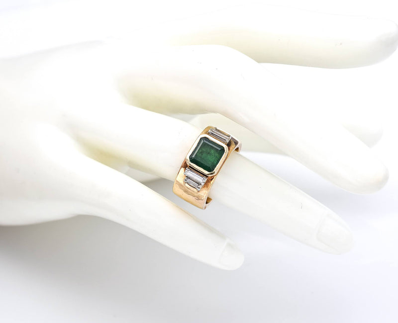 Vintage 14K Yellow Gold Emerald & 0.48 TCW Diamond Hand Made Wide Band Ring