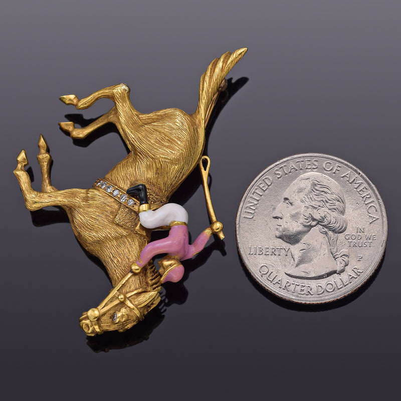 Vintage 18K Gold Diamond Enamel Horse and Jockey Equestrian Brooch Pin