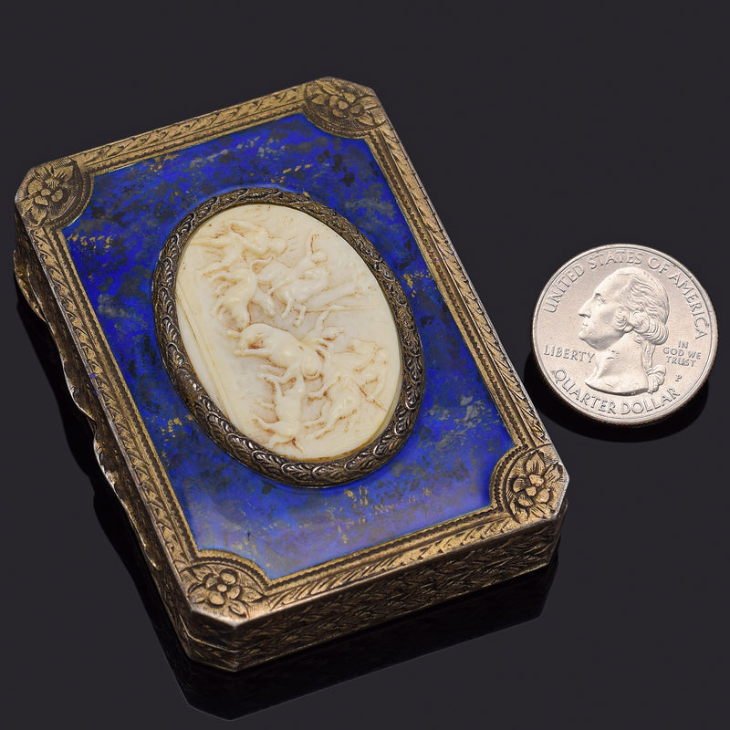Antique Sterling Silver & Gilt Lapis Inlay Etched Trinket Case Box