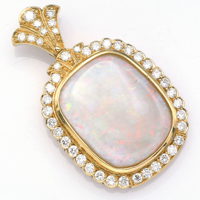 Vintage 18K Yellow Gold Opal & Diamond Pendant H/I SI-1