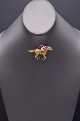 Vintage 18K Gold Diamond Enamel Horse and Jockey Equestrian Brooch Pin