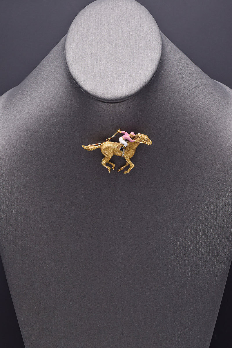 Vintage 18K Gold Diamond Enamel Horse and Jockey Equestrian Brooch Pin