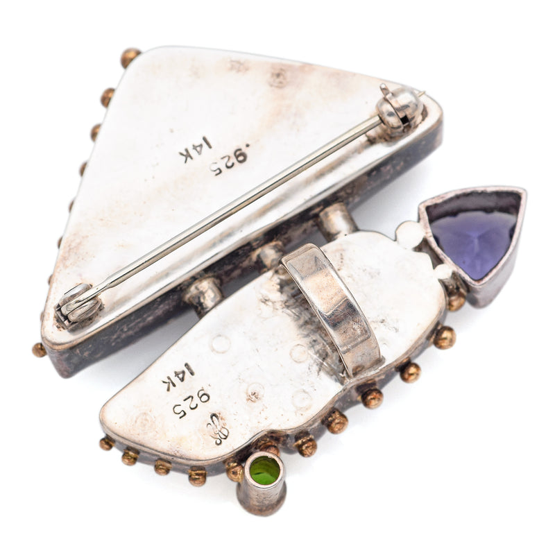 Vintage Janet Sherman Sterling Silver & 14K Gold Gemstone Brooch Pin Pendant