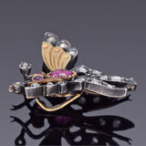 Antique 14K Gold & Sterling Silver Ruby & Rose Cut Diamond Butterfly Pendant