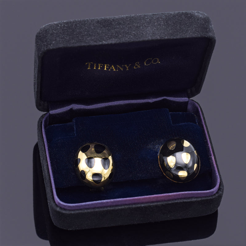 Tiffany & Co Angela Cummings 18K Gold Positive Negative Black Jade Earrings +Box