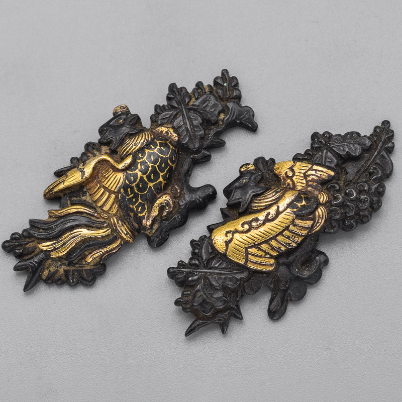 Antique Edo Period Shakudo Gold Inlaid Phoenix Menuki Set of 2 Japanese Sword Parts