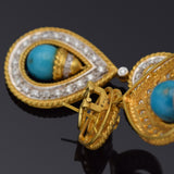 Estate 18K Yellow Gold Robins Egg Turquoise & 1.70 TCW Diamond Drop Earrings