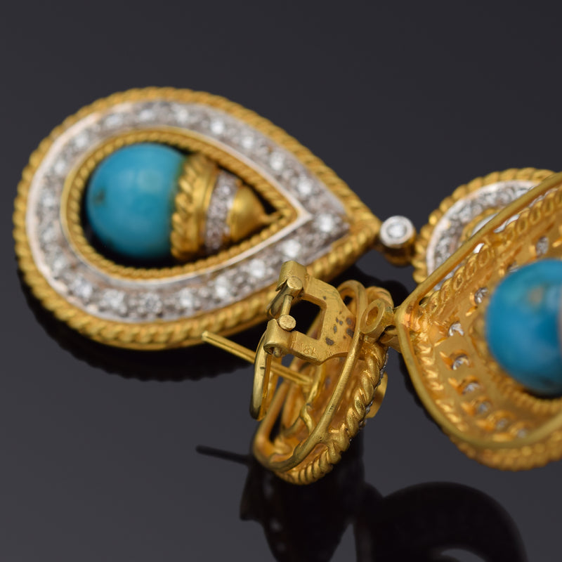 Estate 18K Yellow Gold Robins Egg Turquoise & 1.70 TCW Diamond Drop Earrings