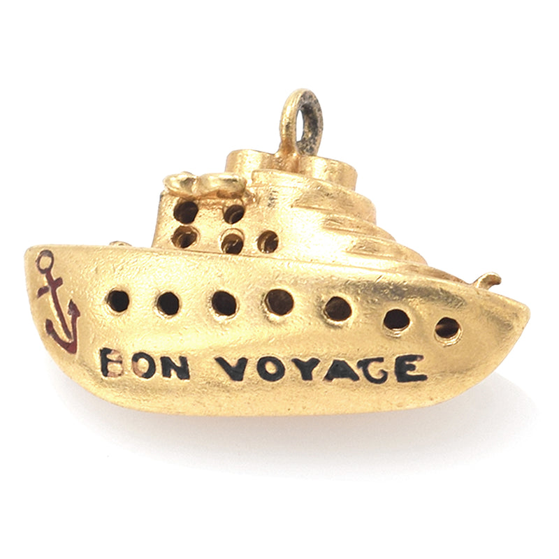 Vintage 14K Yellow Gold Enamel Bon Voyage Ship Charm Pendant
