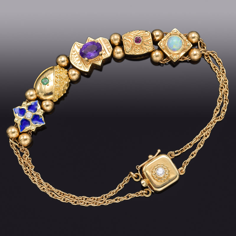Vintage Museum Company 14K Yellow Gold Multi-Stone & Diamond Enamel Slide Bracelet 14.8 Gr