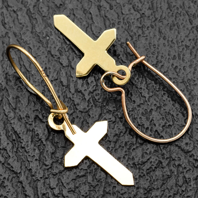 Vintage 14K Yellow Gold Cross Dangle Kidney-Wire Earrings