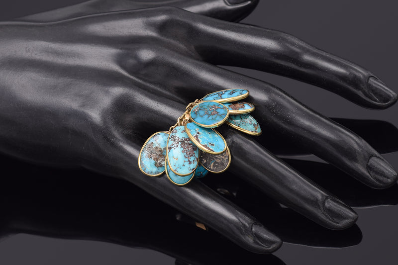 Antique 14K Gold Genuine Persian Turquoise Dangle Multi-Charm Band Ring 13.8Gr