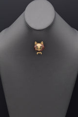 Vintage 14K Yellow Gold Pink Brown Ocean Jasper & Green Paste Cat Brooch Pin