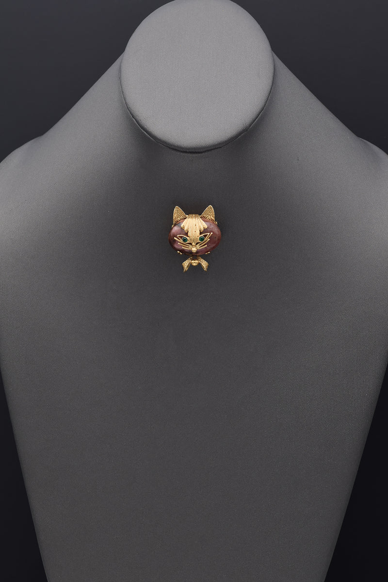 Vintage 14K Yellow Gold Pink Brown Ocean Jasper & Green Paste Cat Brooch Pin