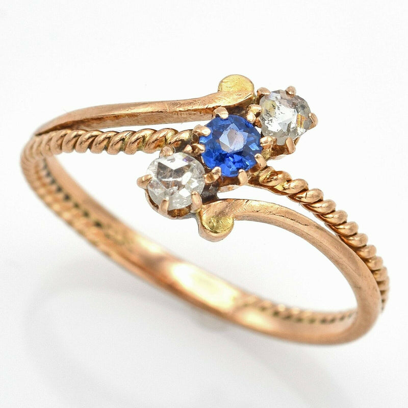 Antique 14K Yellow Gold Sapphire & Mine Cut Diamond Ring