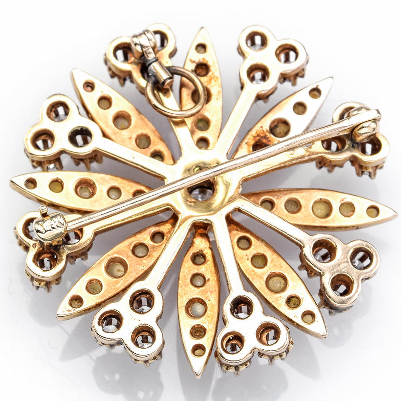 Antique 14K Gold 1.16TCW Diamond & Pearl Snowflake Brooch Pendant