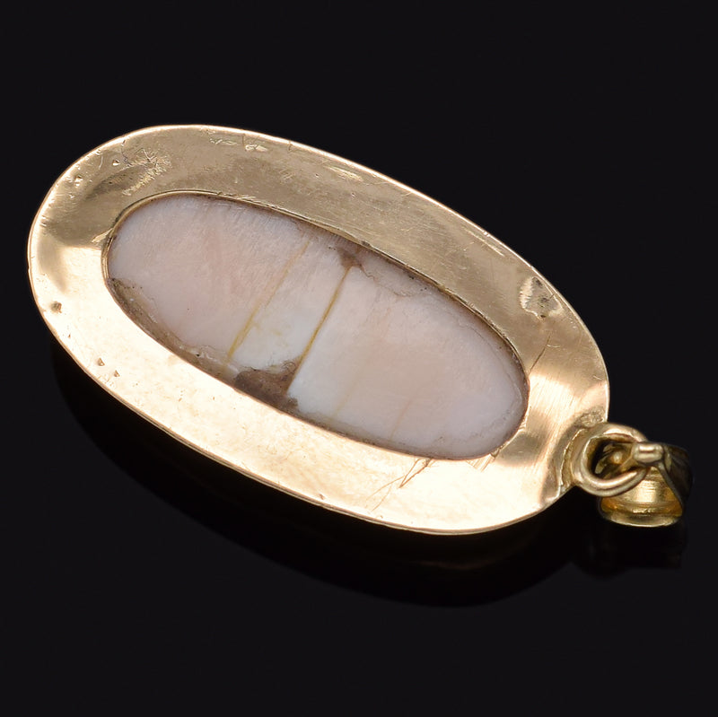 Antique 14K Yellow Gold Angel Skin Coral Oval Cameo Pendant 26.9 x 13.8 mm