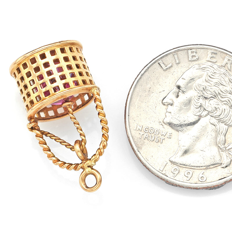 Vintage 14K Yellow Gold Pink Crystal Bucket Charm Pendant
