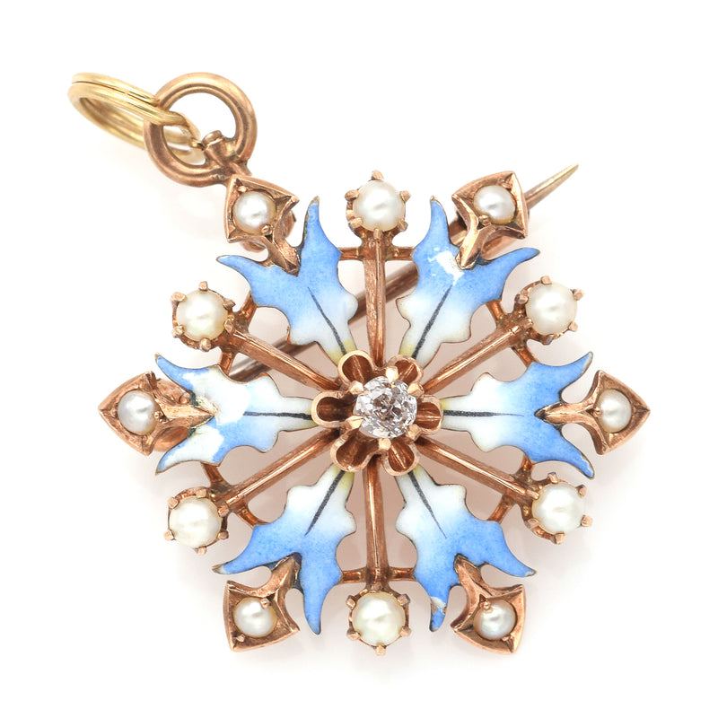 Vintage 14K Yellow Gold Diamond & Sea Pearl Enamel Snowflake Brooch Pin Pendant