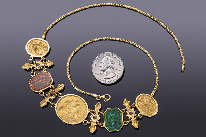 Vintage 18K Gold Italian Tagliamonte Ruby & Venetian Glass Cameo Necklace 25.8G