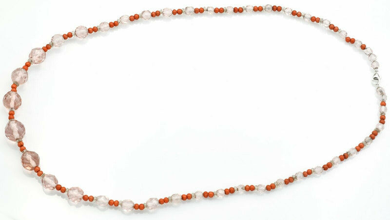 Vintage Sterling Silver Red Coral & Crystal Faceted Beaded Strand Necklace