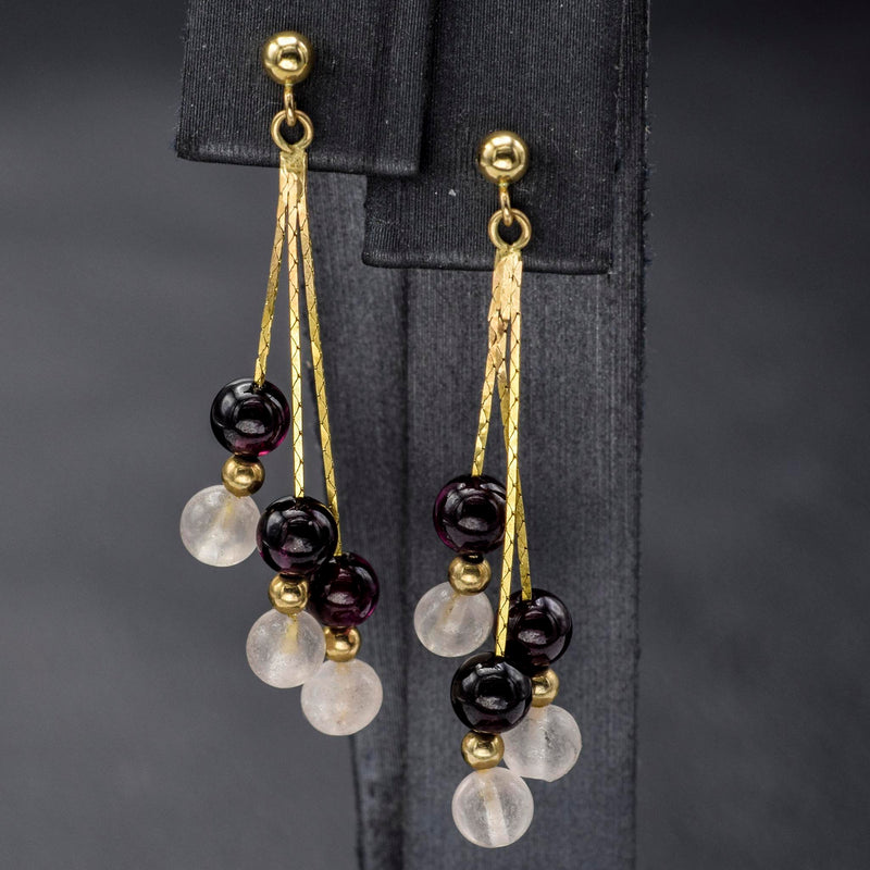 Vintage 14K Yellow Gold Garnet & Rose Quartz Beaded Multi-Strand Dangle Earrings