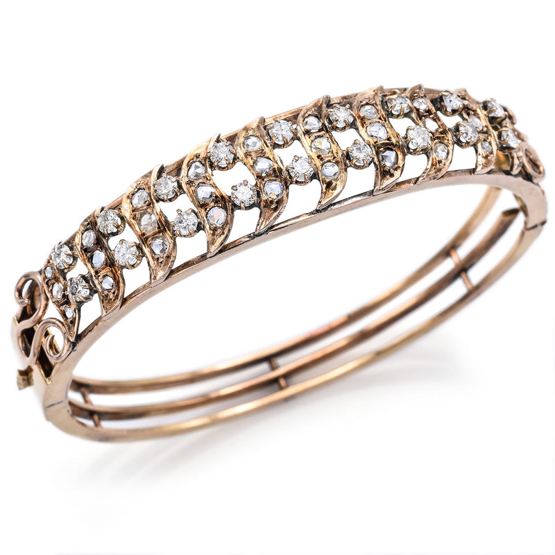 Vintage 18K Gold 3.10TCW Mixed Mine & Modern Diamond Swirl Bangle Bracelet