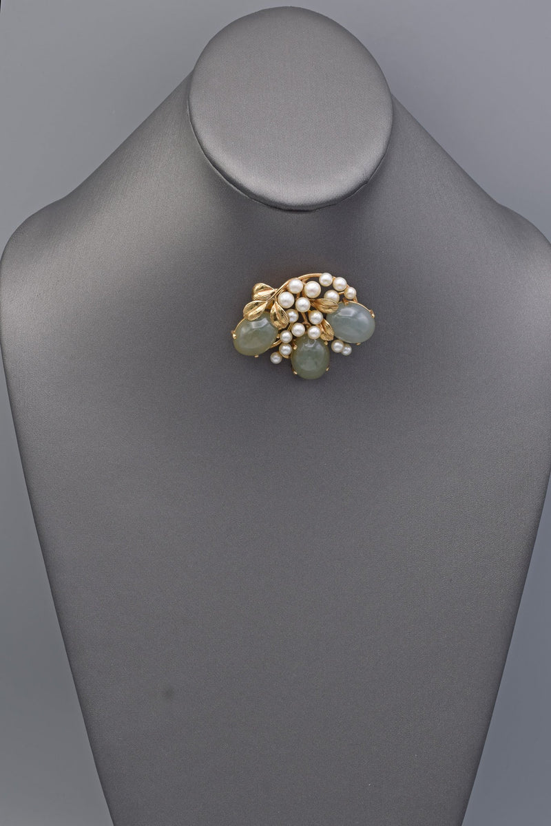 Ming's 14K Yellow Gold 48.99 TCW Green Jade & Sea Pearl Leaf Brooch Pin