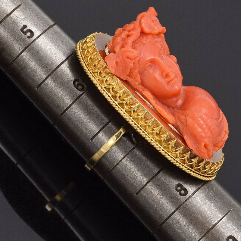 Antique JSG Signed 18K Yellow Gold Red Coral Cameo Cocktail Ring 17.4 Grams