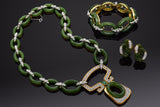 18K Gold Green Jade & 7.48 TCW Diamond Cable Link Necklace Earrings Bracelet Set