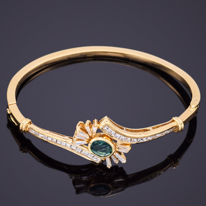 Vintage 18K Yellow Gold Emerald & 1.29 TCW Diamond Hinged Bangle Bracelet
