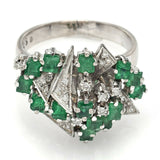 Vintage 8K White Gold Emerald & Diamond Geometric Cluster Band Ring