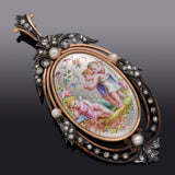 Antique Victorian 14K Gold & SS Diamond Pearl Enamel Cupid Locket Brooch Pendant