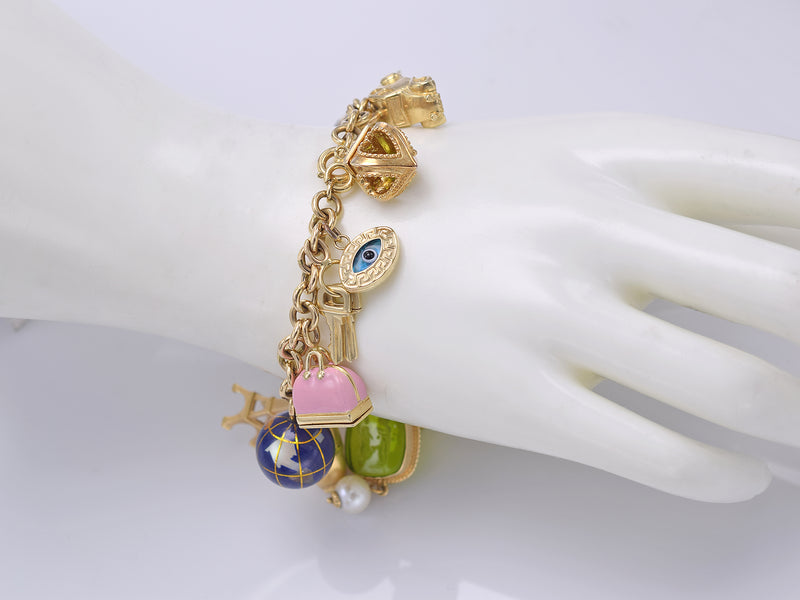 Vintage Tagliamonte, OTC & More 14K & 18K Gold Glass Enamel 17 Charms Bracelet
