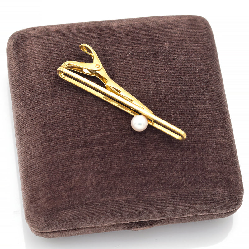 Vintage MIKIMOTO Tokyo 14K Yellow Gold Sea Pearl Tie Bar Clip + Box Booklet 4.6G