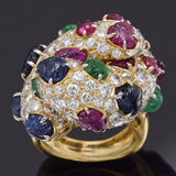 Vintage 18K Gold Sapphire Ruby Emerald & 3.77 TCW Diamond Cluster Cocktail Ring