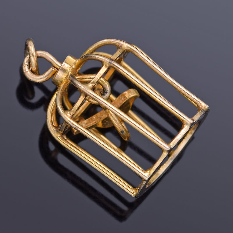 Vintage 14K Yellow Gold Bird in Birdcage Charm Pendant 1.8 Grams
