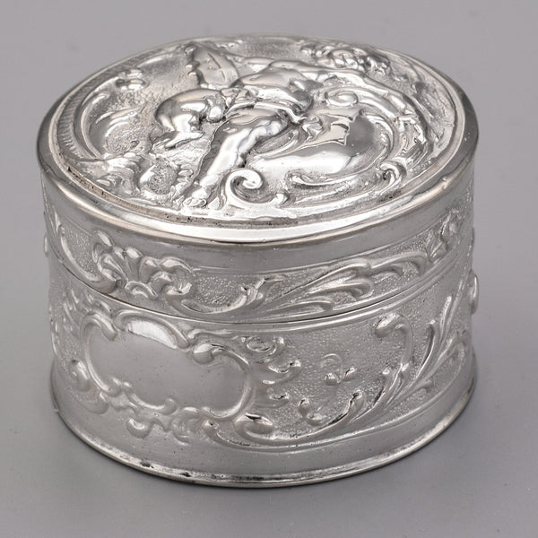 Antique 800 Silver Cherub Etched Round Trinket Pill Box Case