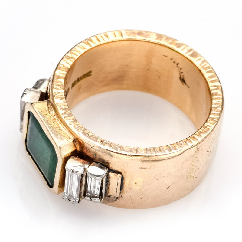 Vintage 14K Yellow Gold Emerald & 0.48 TCW Diamond Hand Made Wide Band Ring