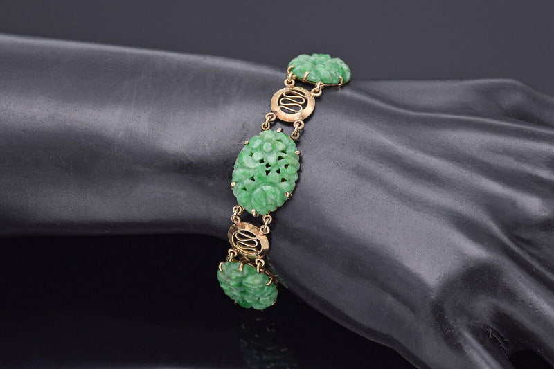 Vintage 14K Yellow Gold Green Jade Floral Carved Oval Link Bracelet 19.8 Grams