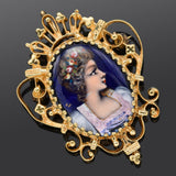 Antique French 14K Yellow Gold Hand Painted Portrait Brooch Pin Pendant 8.8Grams